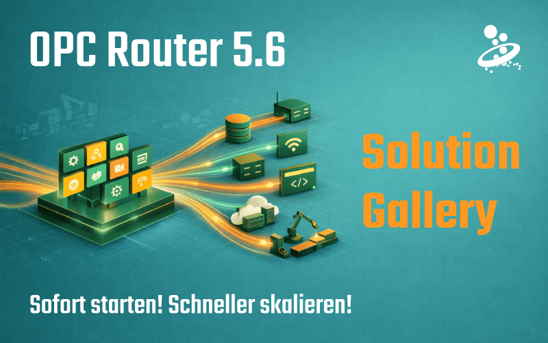 OPC Router 5.6 Lösungsgalerie mit Netzwerk- und Automatisierungssymbolen.