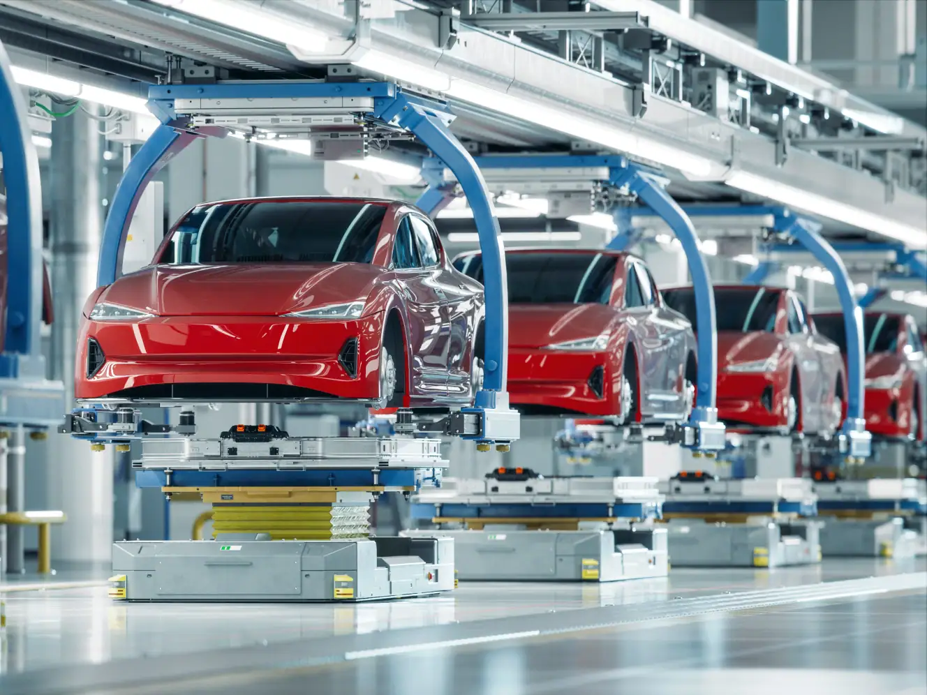 Automatisierte Fertigungslinie mit roten Elektroautos in der Industrie 4.0.