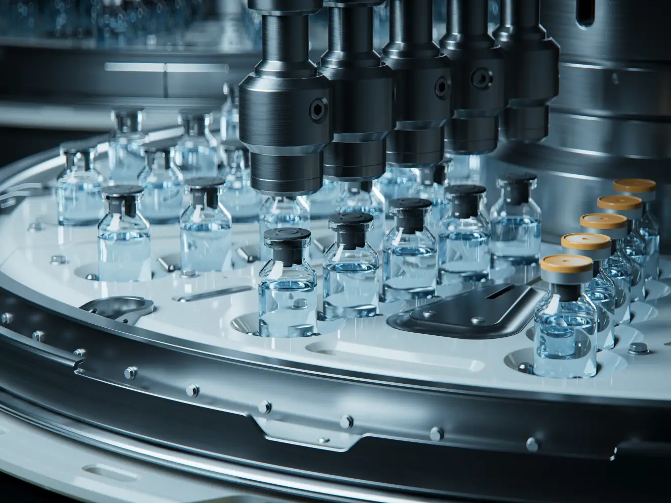 Automatisierte Abfüllmaschine mit Fläschchen in der Industrie 4.0.