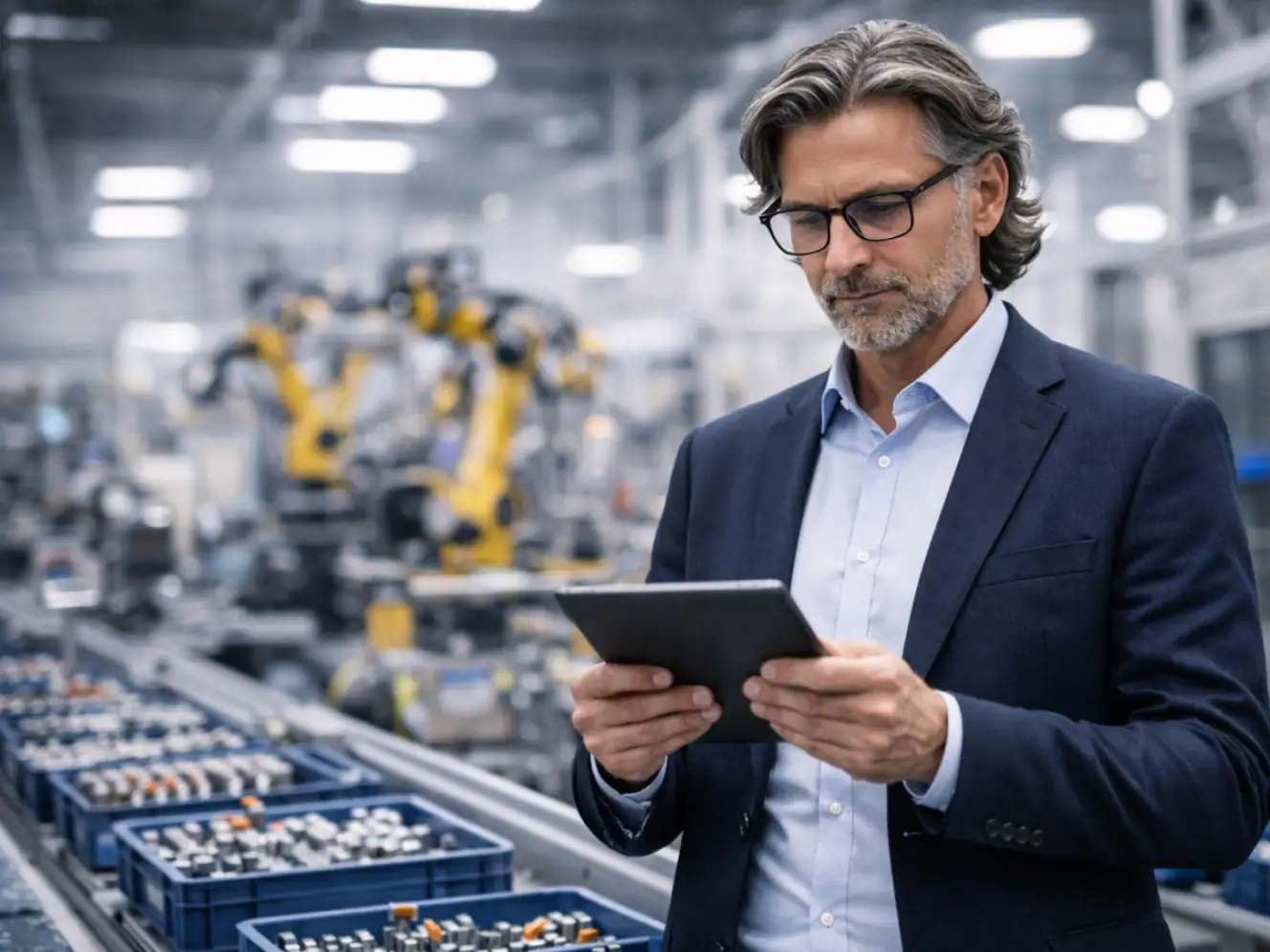 Geschäftsmann prüft Daten auf Tablet in moderner Industrieanlage.