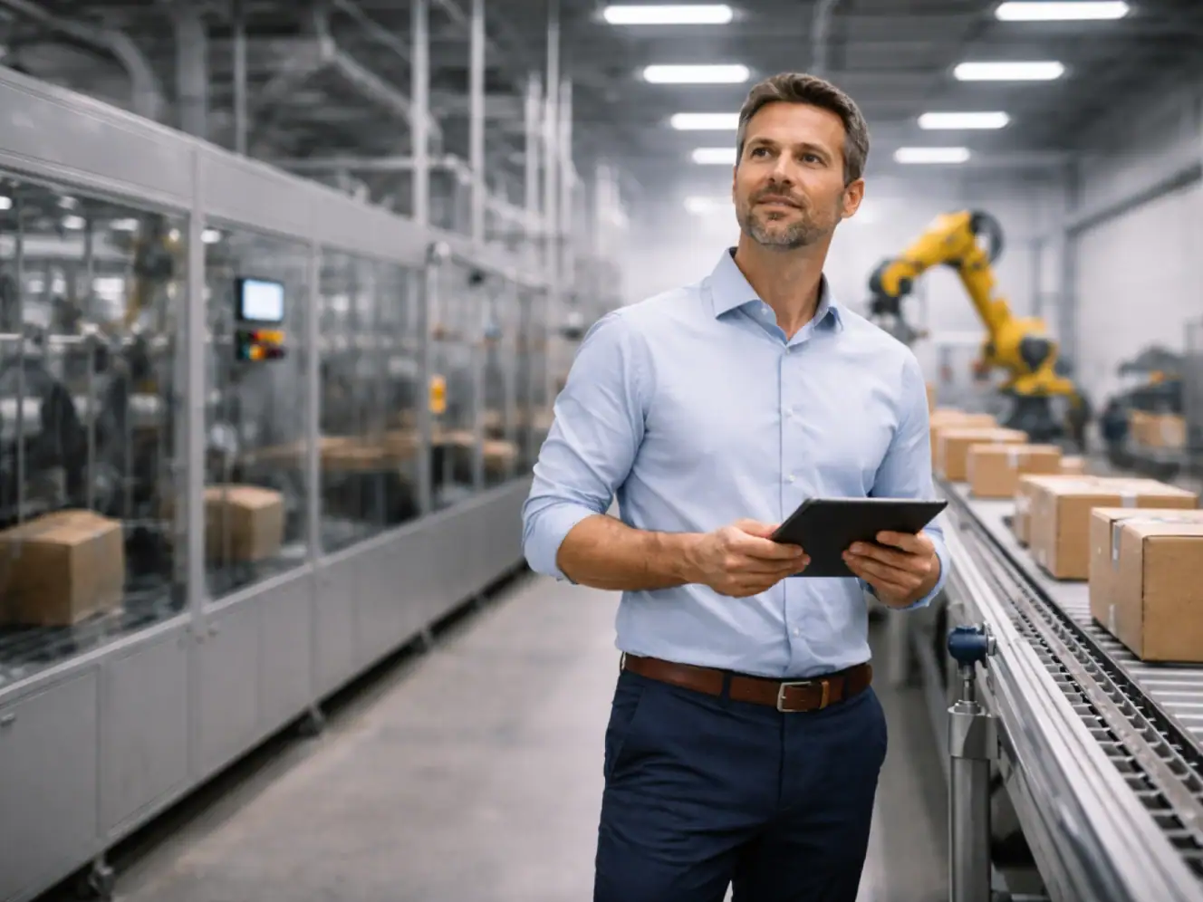 Mann in Industriehalle mit Tablet überwacht Produktionsprozess.