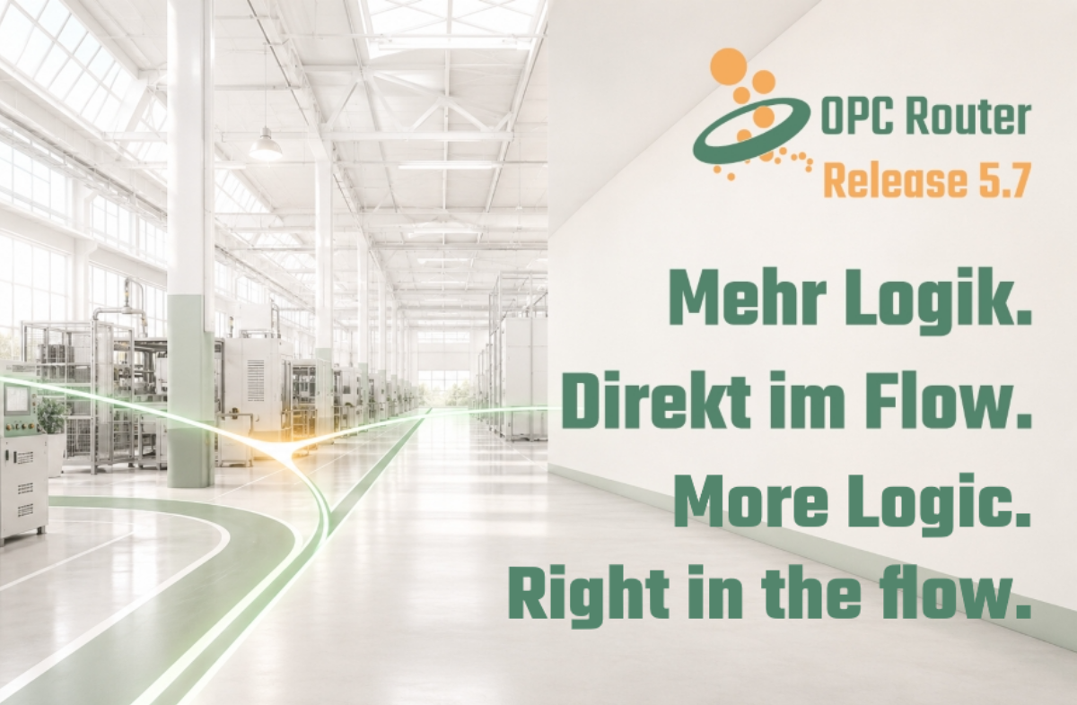 Industriehalle mit OPC Router Release 5.7 Logo und Text.